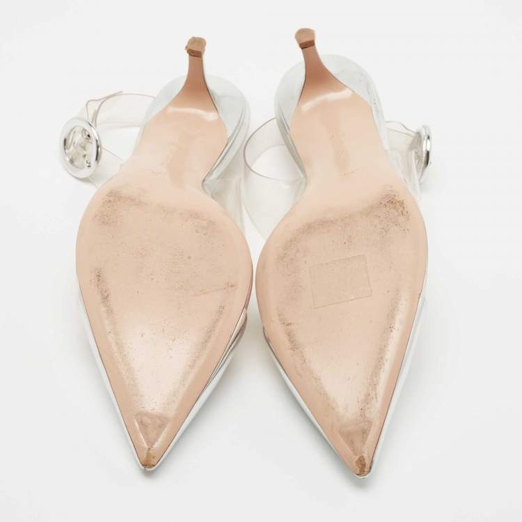 مملوكة مسبقًا Gianvito Rossi Silver Patent Leather and PVC Plexi Slingback Pumps Size 38.5