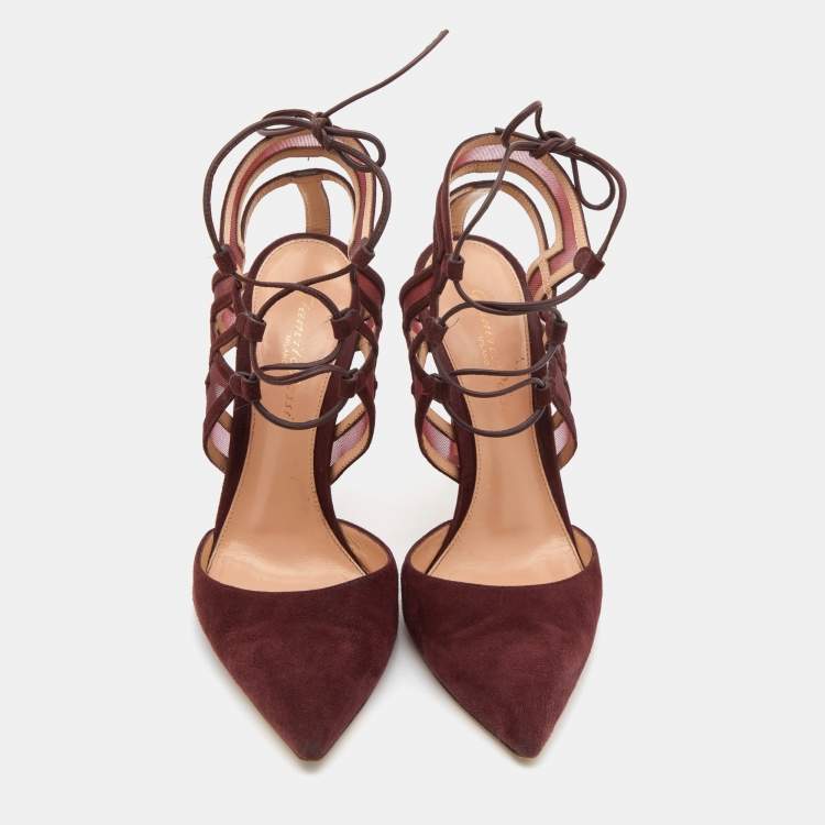 Pre Owned Gianvito Rossi Burgundy Suede and Mesh Ankle Wrap Sandals Size 37