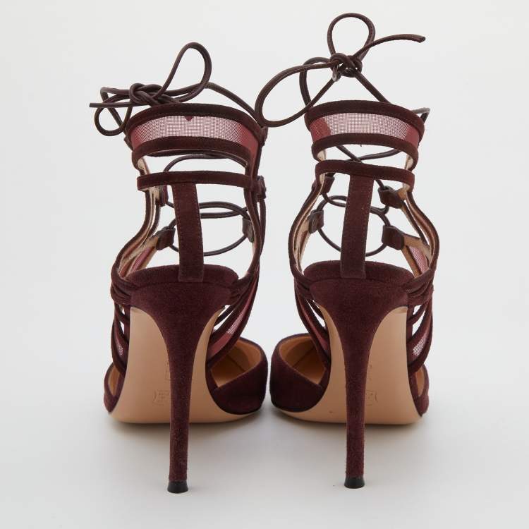 Pre Owned Gianvito Rossi Burgundy Suede and Mesh Ankle Wrap Sandals Size 37