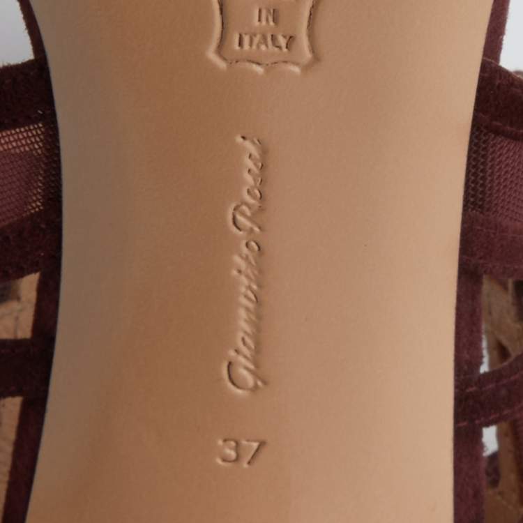 Pre Owned Gianvito Rossi Burgundy Suede and Mesh Ankle Wrap Sandals Size 37
