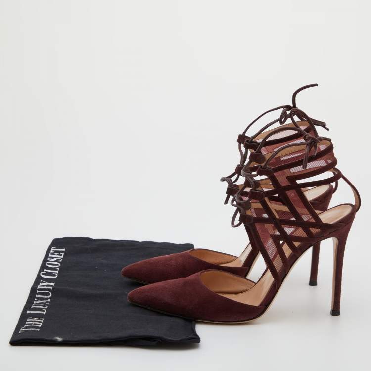 Pre Owned Gianvito Rossi Burgundy Suede and Mesh Ankle Wrap Sandals Size 37