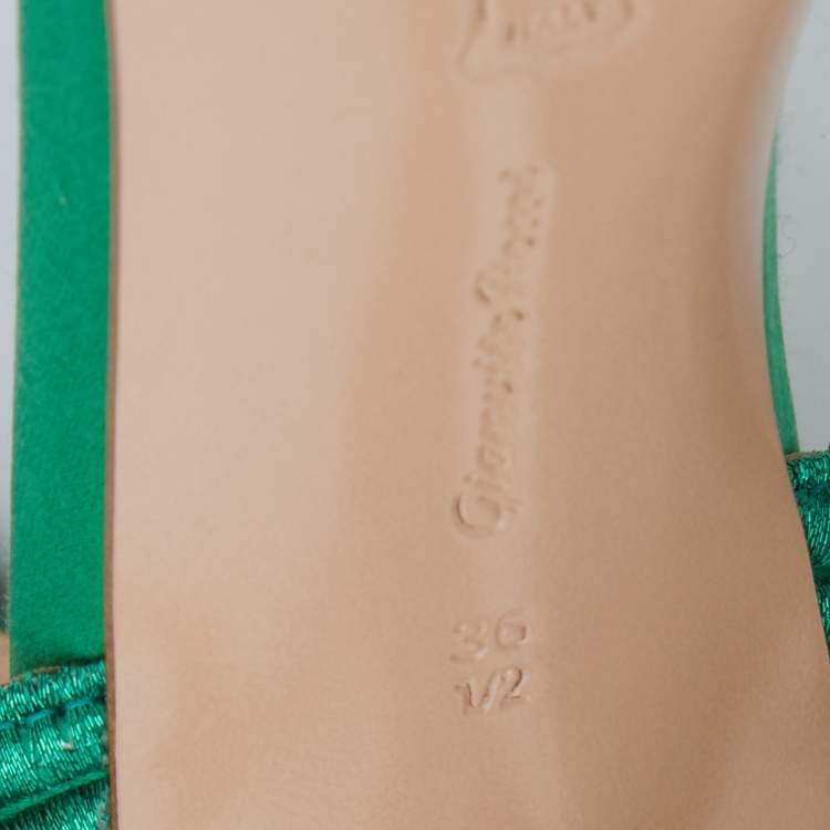 Pre Owned Gianvito Rossi Green Metallic Fabric Ankle Strap Sandals Size 36.5