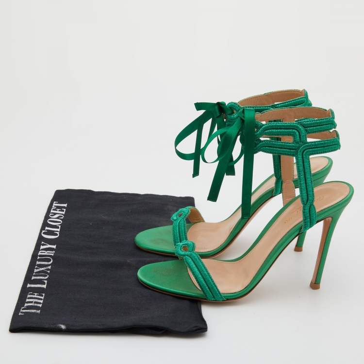 Pre Owned Gianvito Rossi Green Metallic Fabric Ankle Strap Sandals Size 36.5