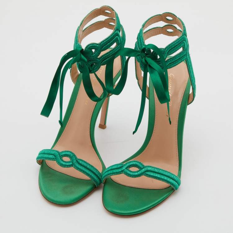 Pre Owned Gianvito Rossi Green Metallic Fabric Ankle Strap Sandals Size 36.5