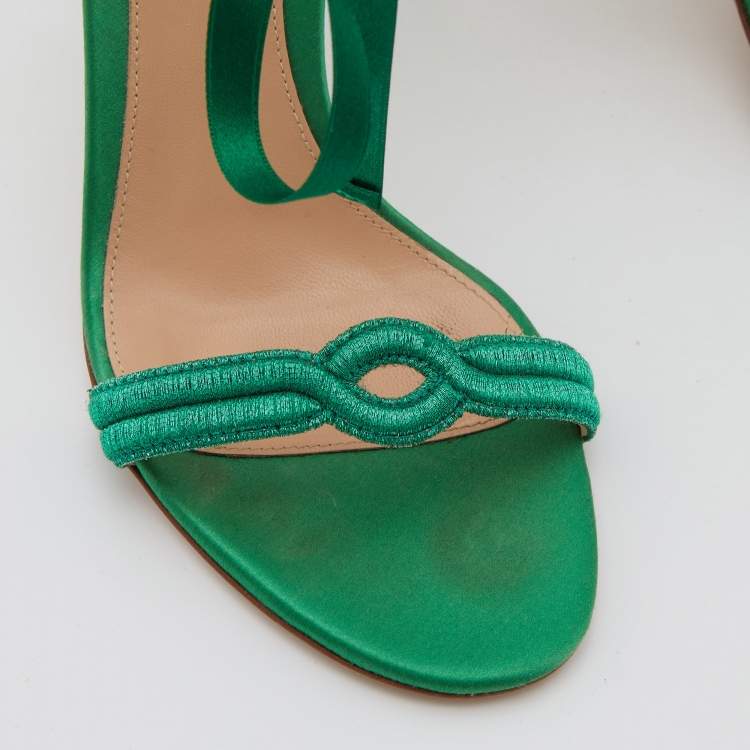 Pre Owned Gianvito Rossi Green Metallic Fabric Ankle Strap Sandals Size 36.5