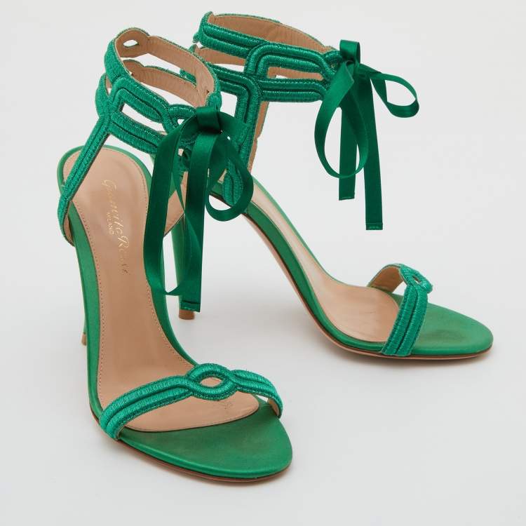 Pre Owned Gianvito Rossi Green Metallic Fabric Ankle Strap Sandals Size 36.5