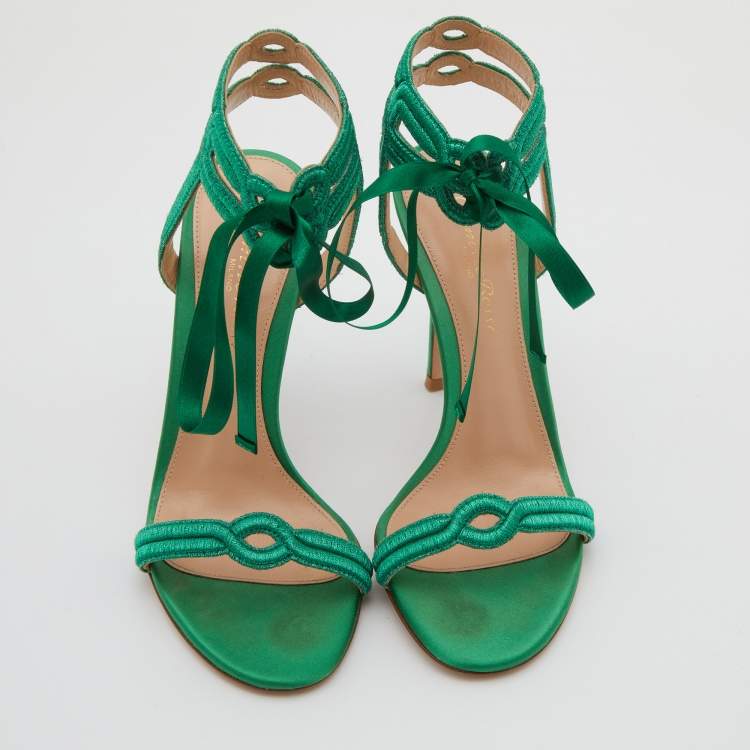 Pre Owned Gianvito Rossi Green Metallic Fabric Ankle Strap Sandals Size 36.5