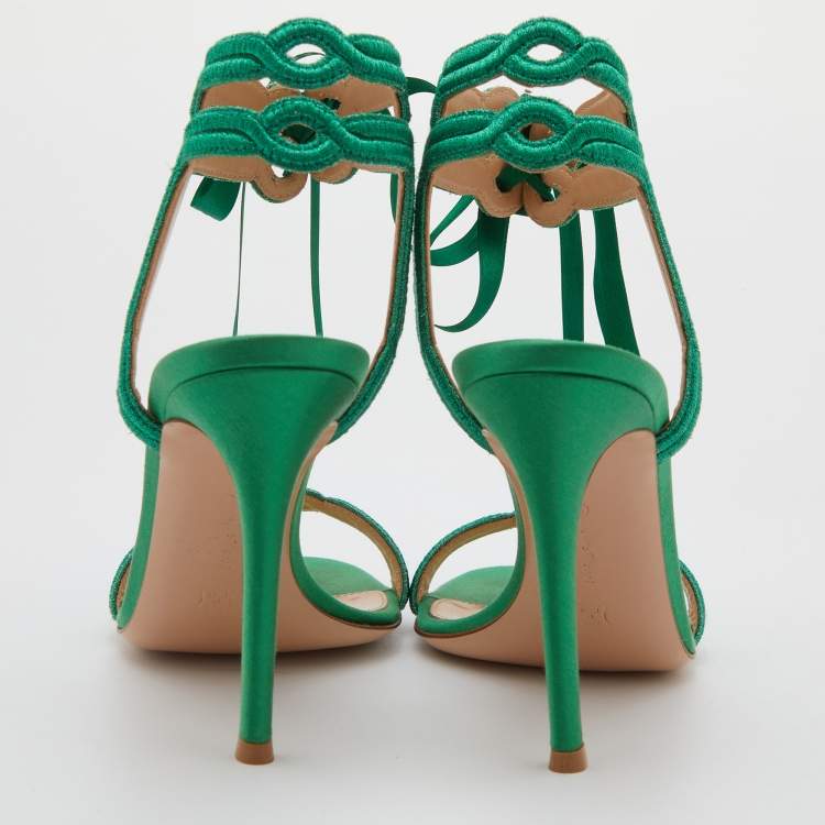 Pre Owned Gianvito Rossi Green Metallic Fabric Ankle Strap Sandals Size 36.5