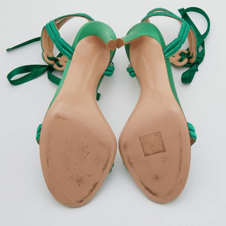 Pre Owned Gianvito Rossi Green Metallic Fabric Ankle Strap Sandals Size 36.5