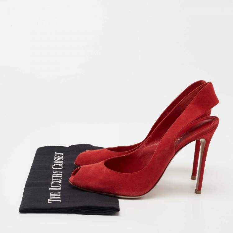 Pre Owned Gianvito Rossi Red Suede Peep Toe Slingback Pumps Size 41