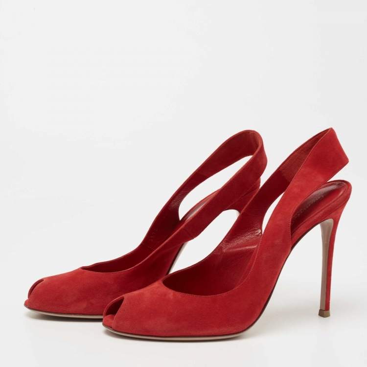Pre Owned Gianvito Rossi Red Suede Peep Toe Slingback Pumps Size 41