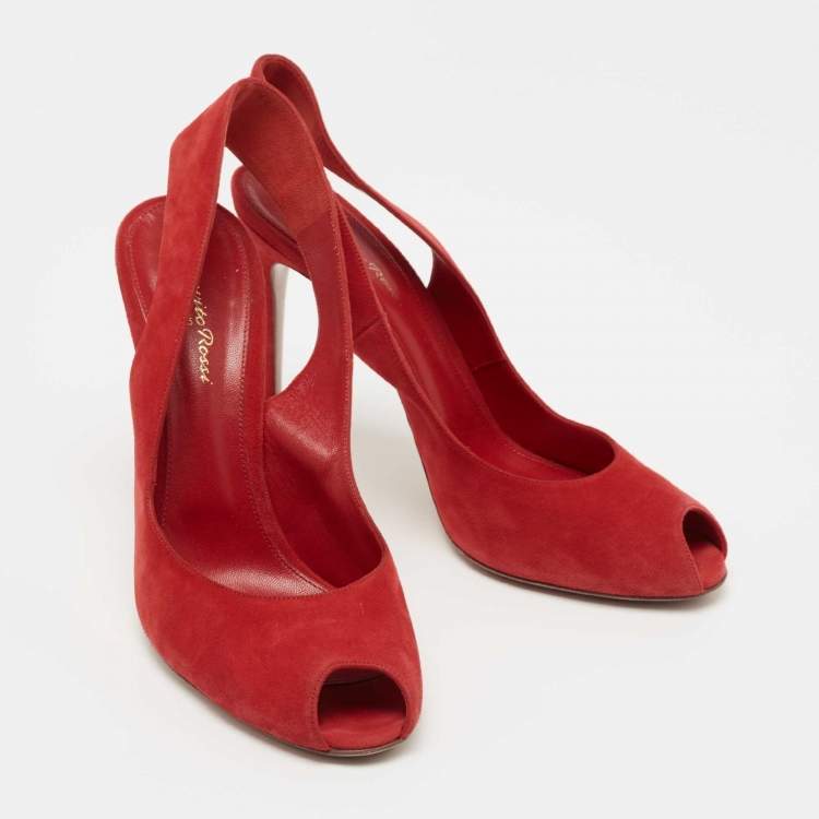 Pre Owned Gianvito Rossi Red Suede Peep Toe Slingback Pumps Size 41