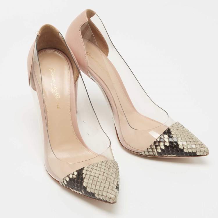 مملوكة مسبقًا Gianvito Rossi Two Tone Python and  Leather Plexi Pointed Toe Pumps Size 38