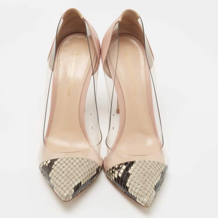 مملوكة مسبقًا Gianvito Rossi Two Tone Python and  Leather Plexi Pointed Toe Pumps Size 38