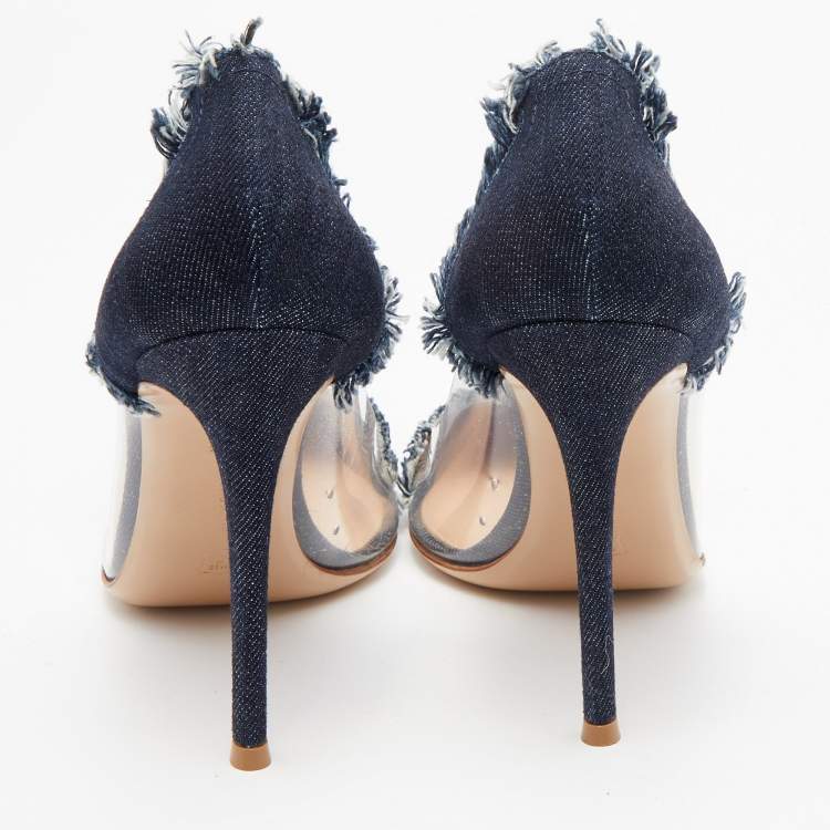 Pre Owned Gianvito Rossi Navy Blue Denim and PVC Plexi Pointed Toe Pumps Size 39.5