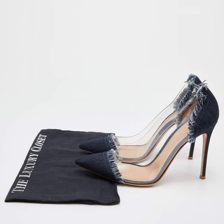 Pre Owned Gianvito Rossi Navy Blue Denim and PVC Plexi Pointed Toe Pumps Size 39.5