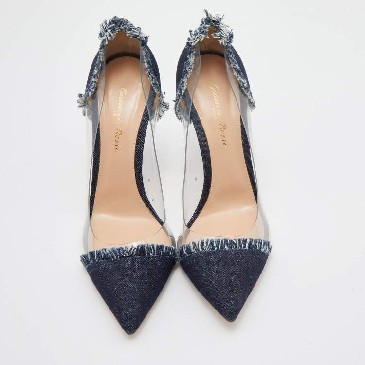 Pre Owned Gianvito Rossi Navy Blue Denim and PVC Plexi Pointed Toe Pumps Size 39.5
