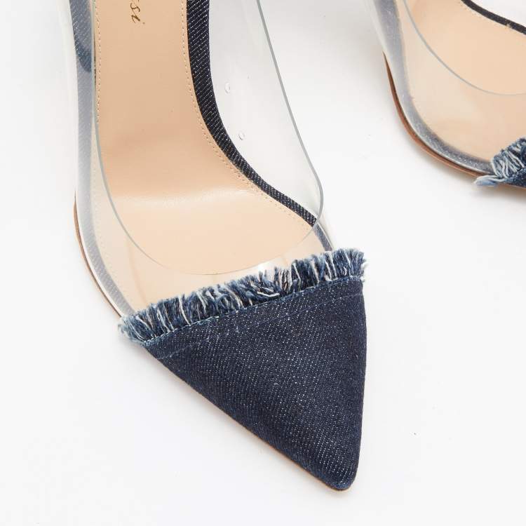 Pre Owned Gianvito Rossi Navy Blue Denim and PVC Plexi Pointed Toe Pumps Size 39.5