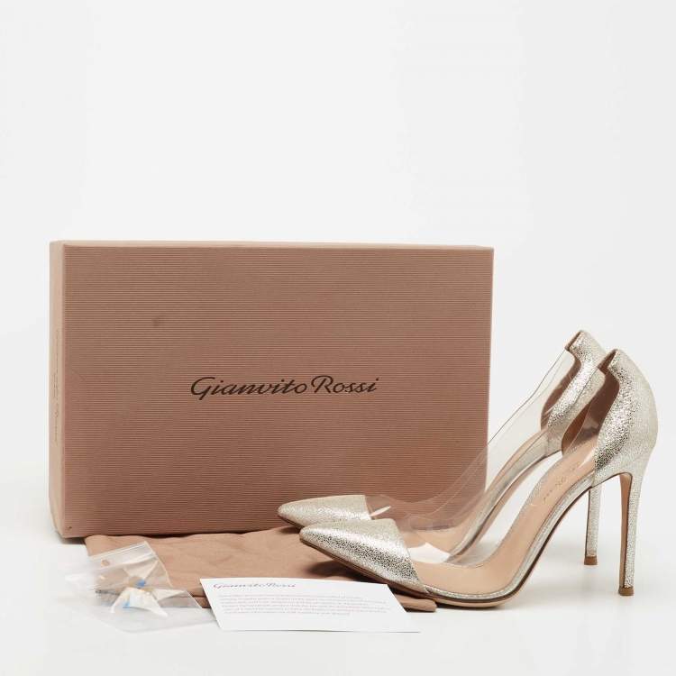 Pre Owned Gianvito Rossi Metallic Silver Suede PVC Plexi Pointed Toe Pumps Size 38.5