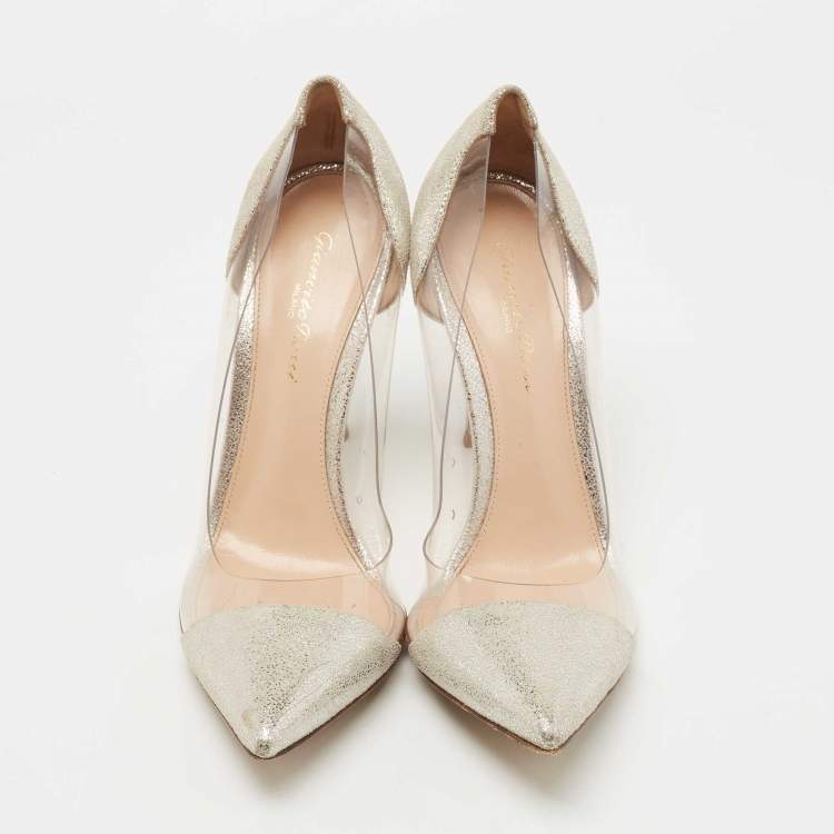 Pre Owned Gianvito Rossi Metallic Silver Suede PVC Plexi Pointed Toe Pumps Size 38.5