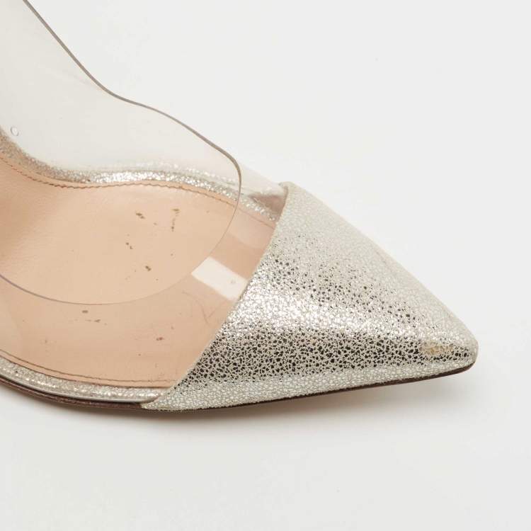 Pre Owned Gianvito Rossi Metallic Silver Suede PVC Plexi Pointed Toe Pumps Size 38.5