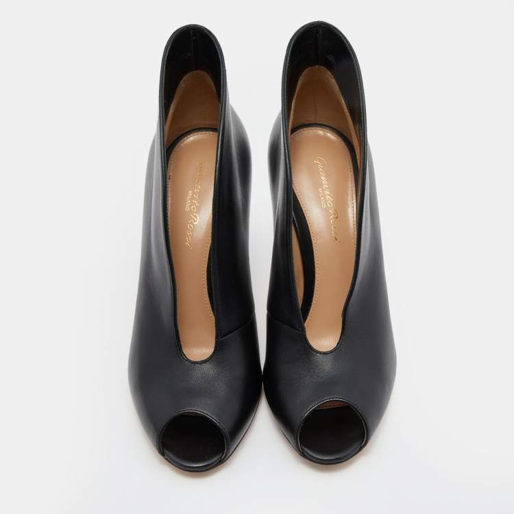 Pre Owned Gianvito Rossi Black Leather Peep Toe Vamp Ankle Booties Size 37