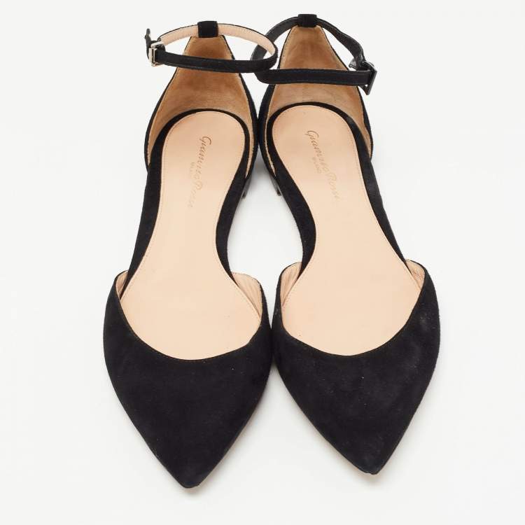 Pre Owned Gianvito Rossi Black Suede Gia Ankle Strap Flats Size 38.5