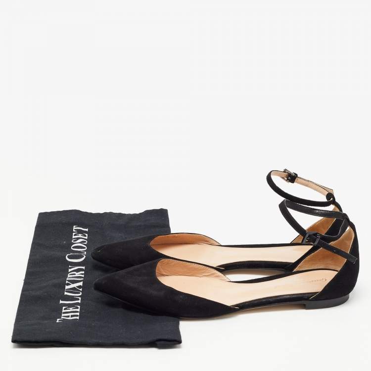Pre Owned Gianvito Rossi Black Suede Gia Ankle Strap Flats Size 38.5