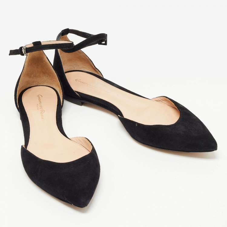 Pre Owned Gianvito Rossi Black Suede Gia Ankle Strap Flats Size 38.5
