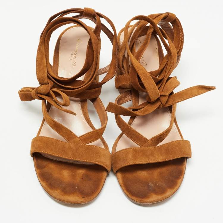 Pre Owned Gianvito Rossi Brown Suede Janis Ankle Sandals Size 39.5