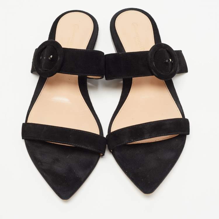 Pre Owned Gianvito Rossi Black Suede Flat Slides Size 37.5