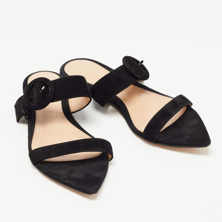 Pre Owned Gianvito Rossi Black Suede Flat Slides Size 37.5