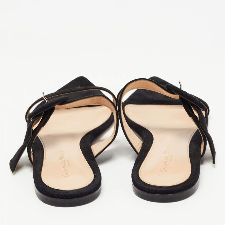 Pre Owned Gianvito Rossi Black Suede Flat Slides Size 37.5