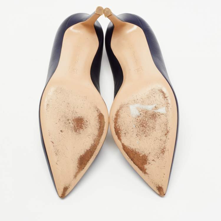 Pre Owned Gianvito Rossi Metallic Navy Blue Leather Pointed Toe Pumps Size 37.5