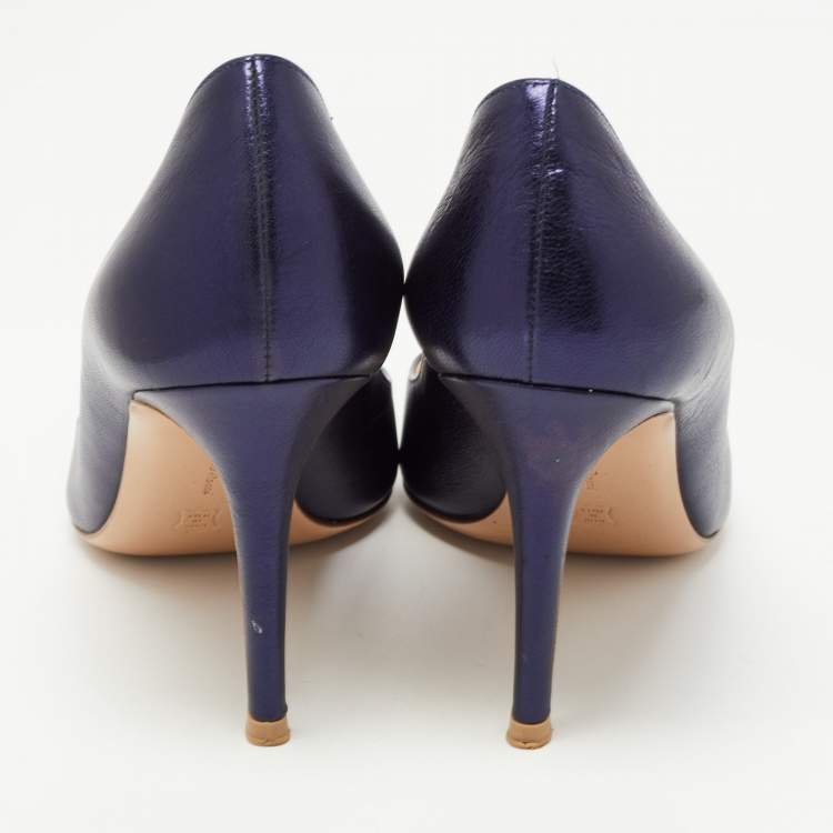 Pre Owned Gianvito Rossi Metallic Navy Blue Leather Pointed Toe Pumps Size 37.5