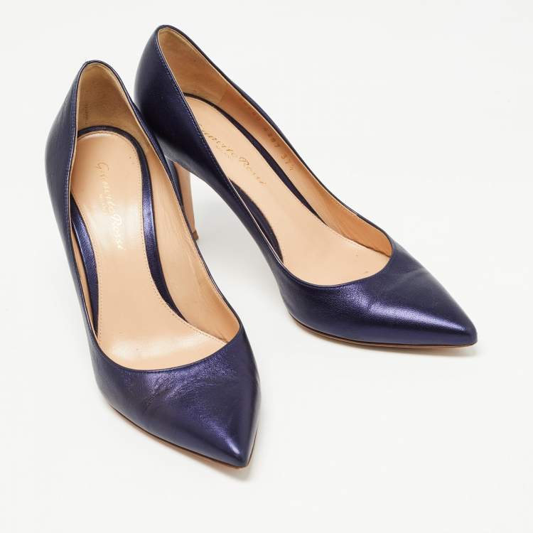 Pre Owned Gianvito Rossi Metallic Navy Blue Leather Pointed Toe Pumps Size 37.5
