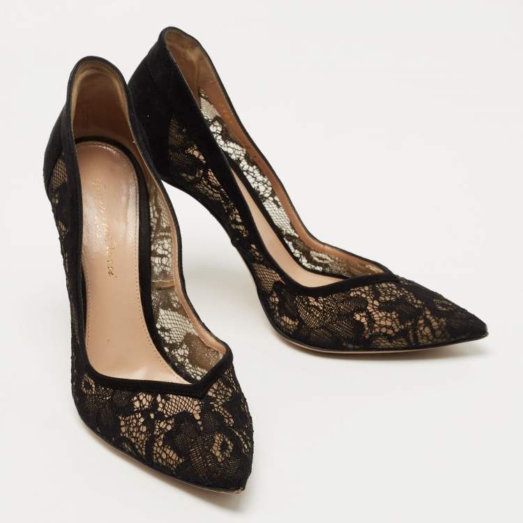 Pre Owned Gianvito Rossi Black Lace and Suede Pumps Size 37