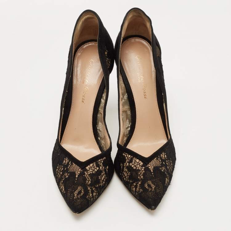 Pre Owned Gianvito Rossi Black Lace and Suede Pumps Size 37