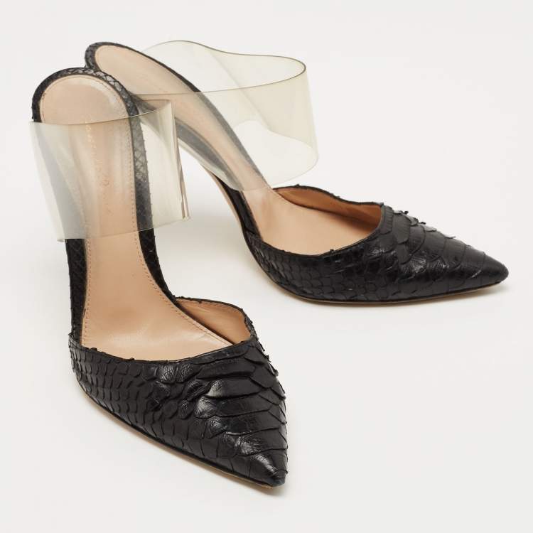 Pre Owned Gianvito Rossi Black Python and PVC Virtua Mules Size 38