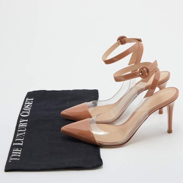 Pre Owned Gianvito Rossi Beige Patent Leather and PVC Ankle Strap Pumps Size 37