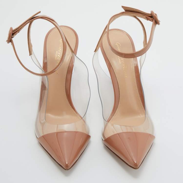 Pre Owned Gianvito Rossi Beige Patent Leather and PVC Ankle Strap Pumps Size 37