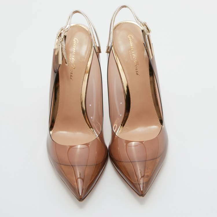 Pre Owned Gianvito Rossi Brown/Gold PVC and Leather Kyle Pointed Toe Slingback Pumps Size 39