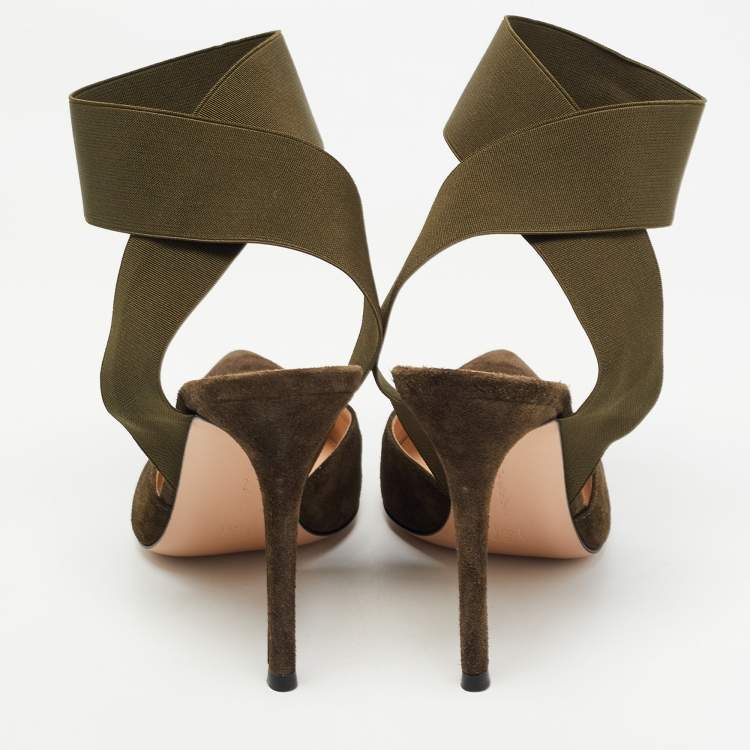 Pre Owned Gianvito Rossi Dark Green Suede  Pointed Ankle Wrap Sandals Size 38