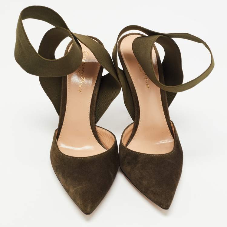 Pre Owned Gianvito Rossi Dark Green Suede  Pointed Ankle Wrap Sandals Size 38