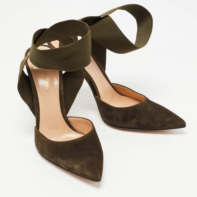Pre Owned Gianvito Rossi Dark Green Suede  Pointed Ankle Wrap Sandals Size 38