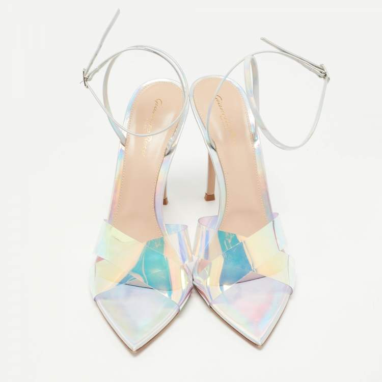 مملوكة مسبقًا Gianvito Rossi Transparent Iridescent PVC and Leather Plexi Stark Ankle Strap Sandals Size 41.5