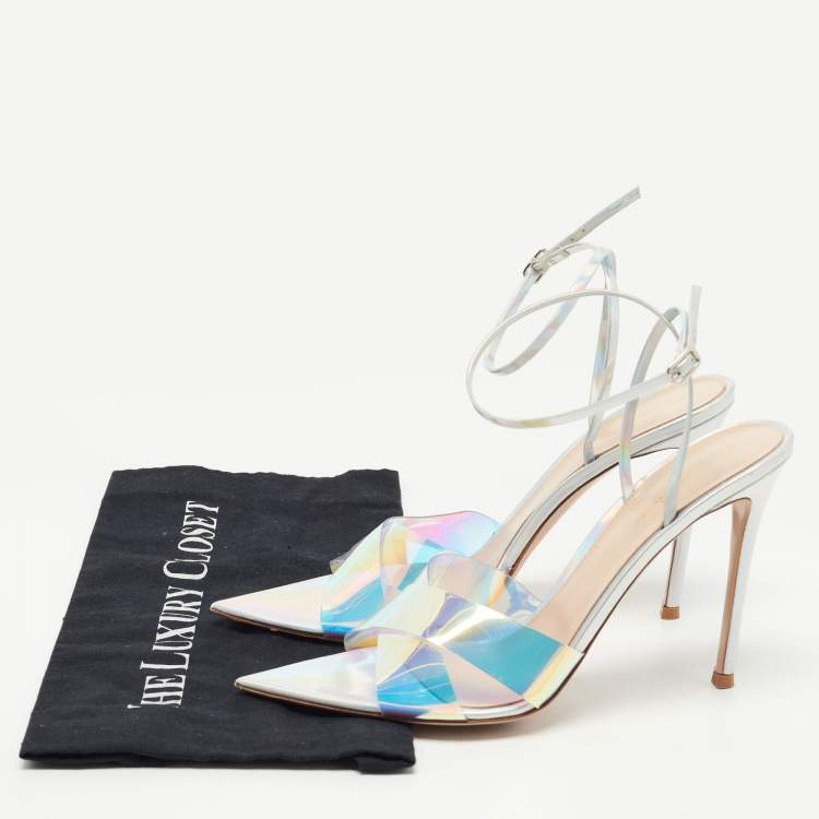 مملوكة مسبقًا Gianvito Rossi Transparent Iridescent PVC and Leather Plexi Stark Ankle Strap Sandals Size 41.5