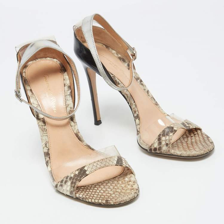 Pre Owned Gianvito Rossi Tricolor Patent Leather, Python and PVC Ankle Strap Sandals Size 38