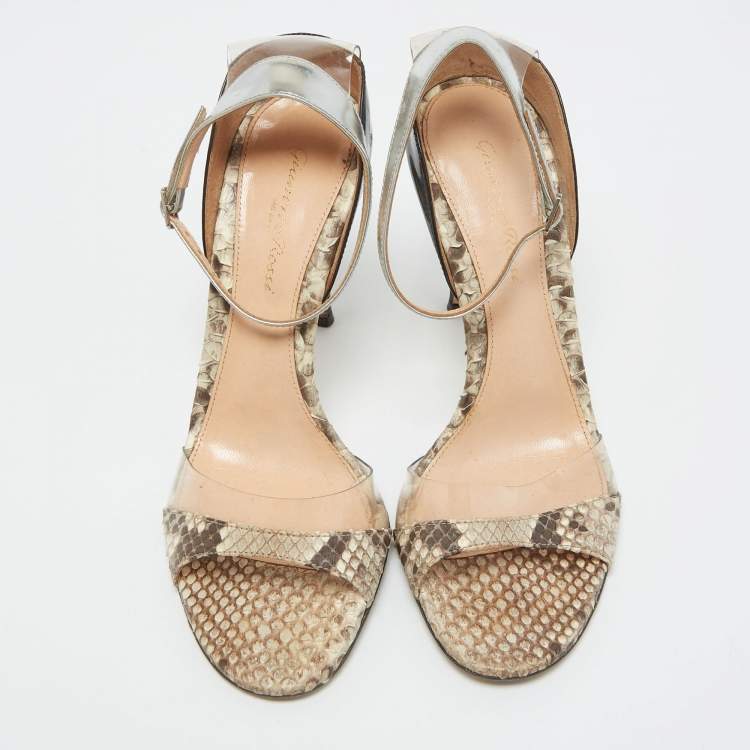 Pre Owned Gianvito Rossi Tricolor Patent Leather, Python and PVC Ankle Strap Sandals Size 38