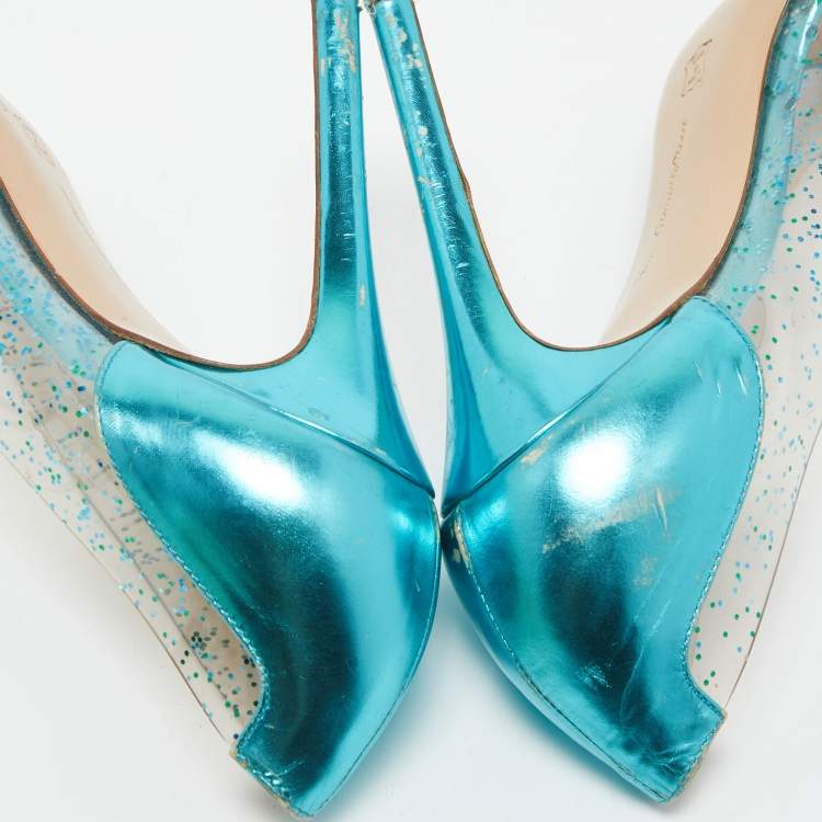 Pre Owned Gianvito Rossi Metallic Blue Leather and Glitter PVC Plexi Pumps Size 38.5
